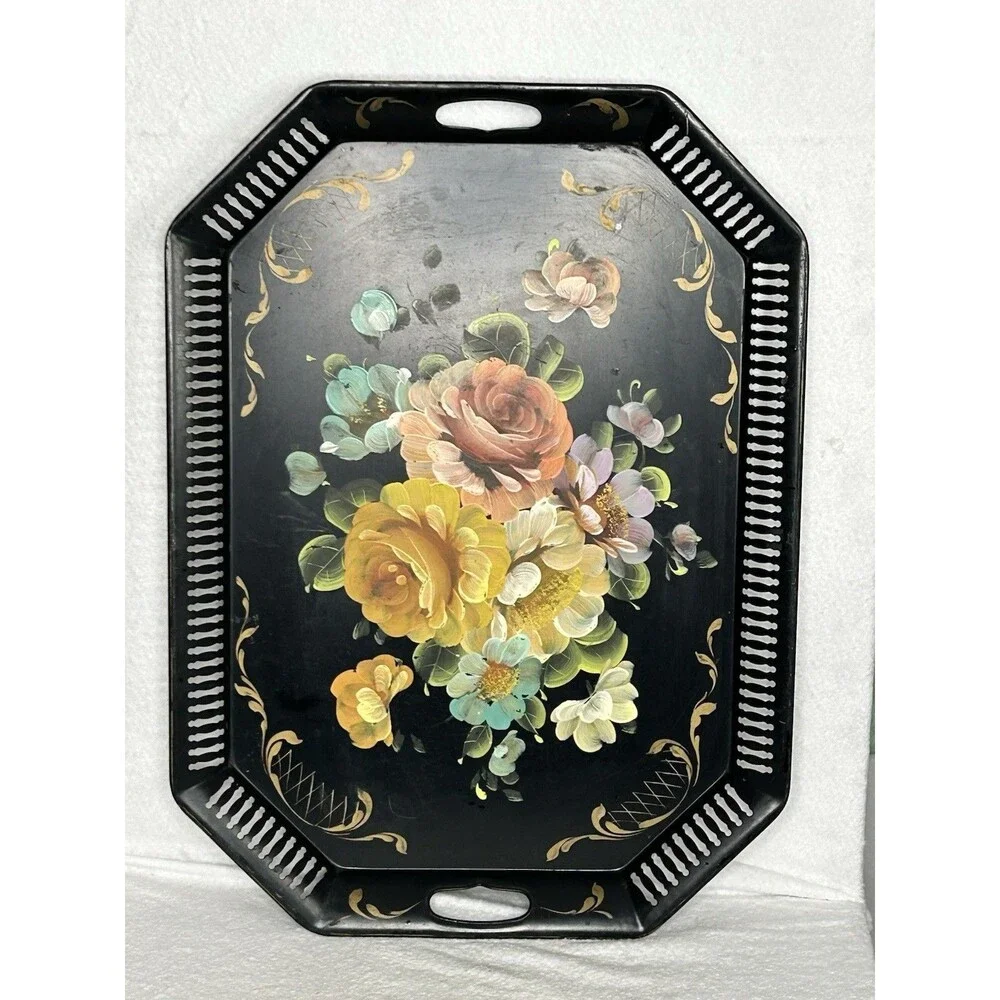 VINTAGE 1940s LARGE MCM Hand-Painted Floral Bouquet Tole Tray Decorative Edge